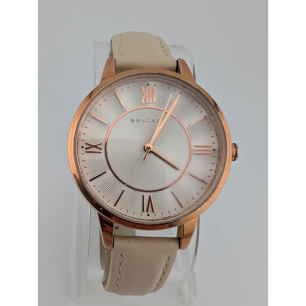 Brigada Watch Women‎ 34mm Rose Gold Case Beige Leather Band- New Battery